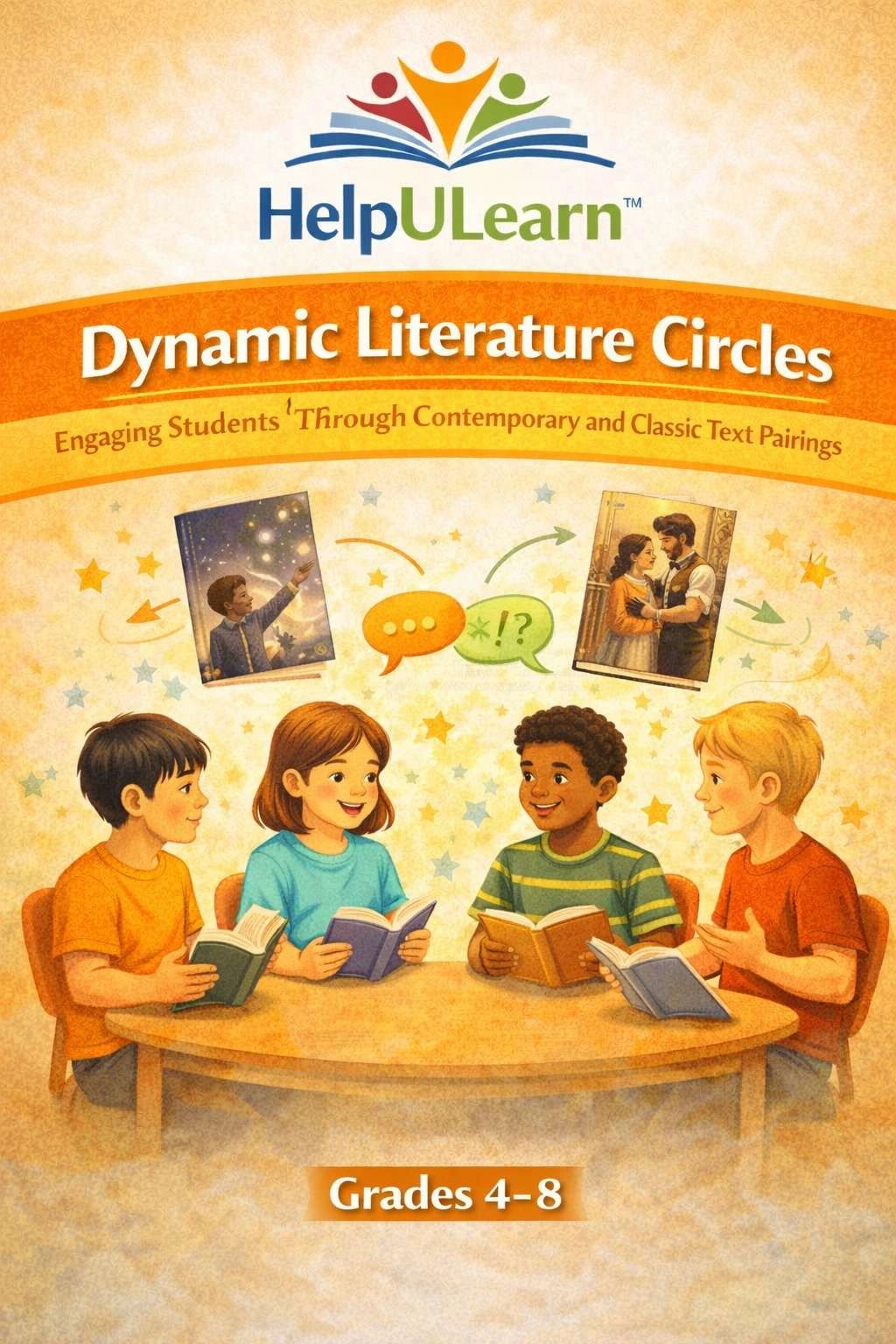 Children engaged in a dynamic literature circle, discussing diverse books.