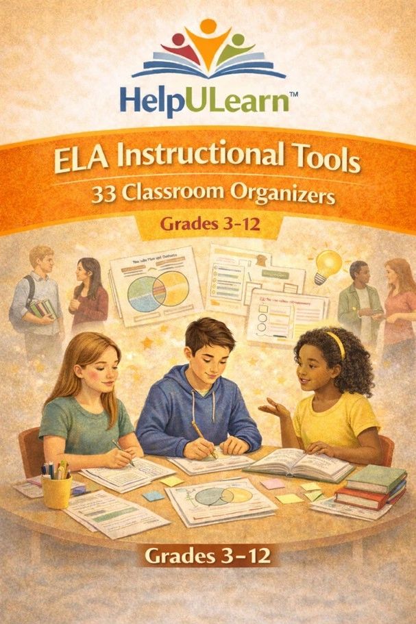 Cover of HelpULearn ELA Instructional Tools for grades 3-12 with students studying.