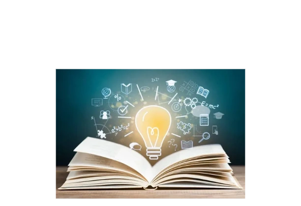 An open book with a glowing light bulb and educational icons above it.