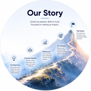 Mountain-themed infographic illustrating a company's story, mission, and future goals.