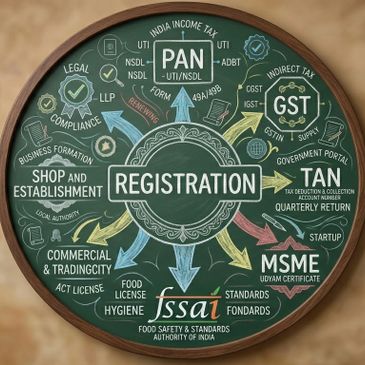 A chalkboard-style infographic illustrating various registration types in India.