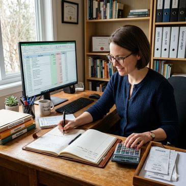 A woman working at a desk with a calculator and ledger, smiling.