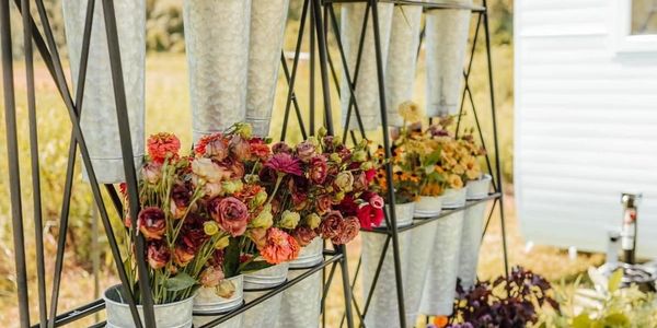 Fresh flowers displayed in buckets