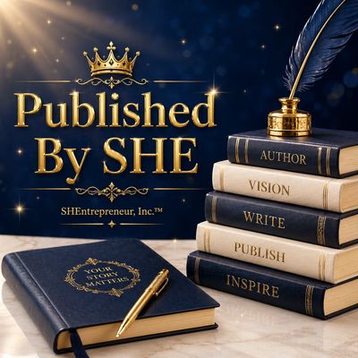 Elegant book stack and pen with 'Published By SHE' gold text and crown.