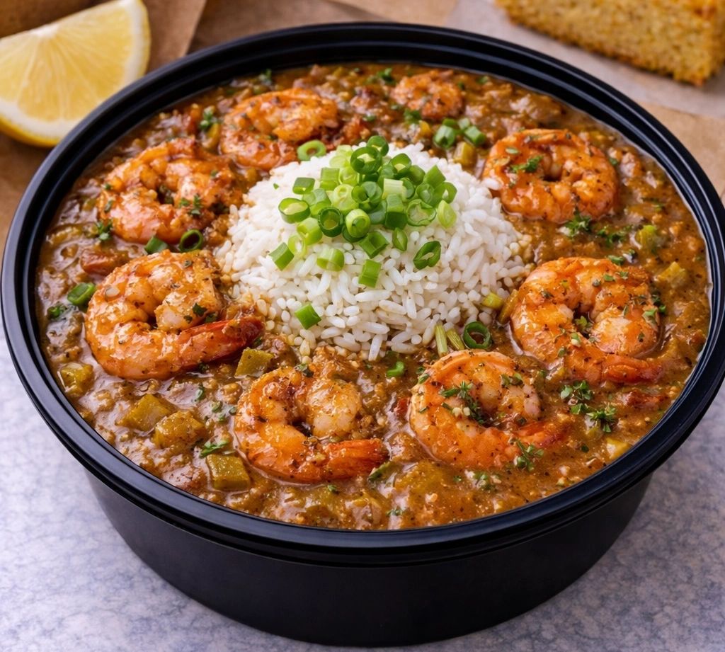 Shrimp gumbo with white rice.