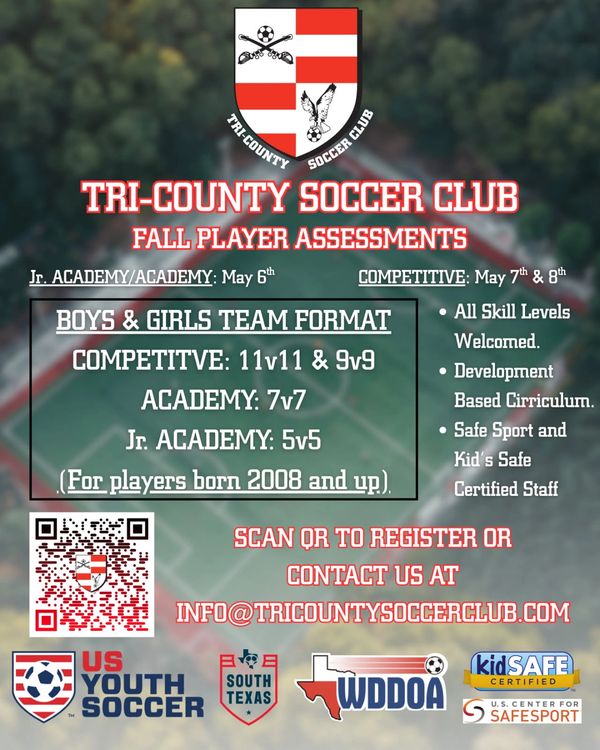 Flyer for Tri-County Soccer Club fall player assessments with team formats and registration info.