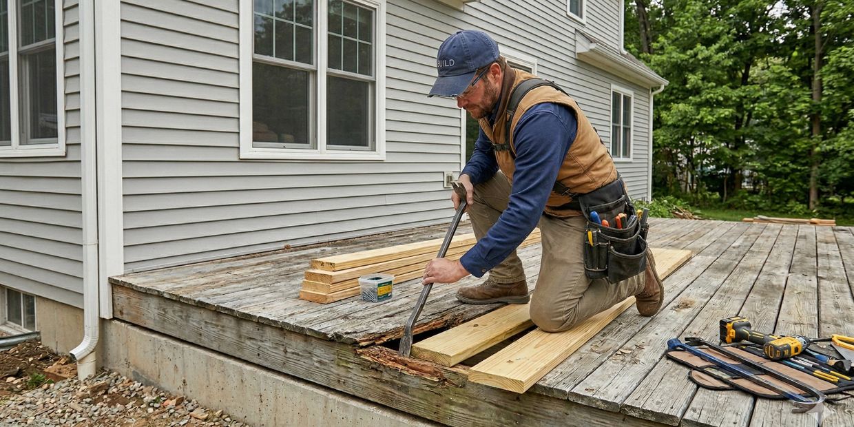 A man repairing a wooden deck outside a house.