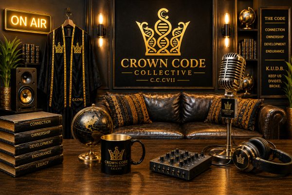 A stylish black and gold podcast studio setup with Crown Code branding.