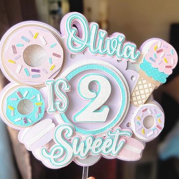 2 Sweet icecream and donut cake Topper personalized with childs name.