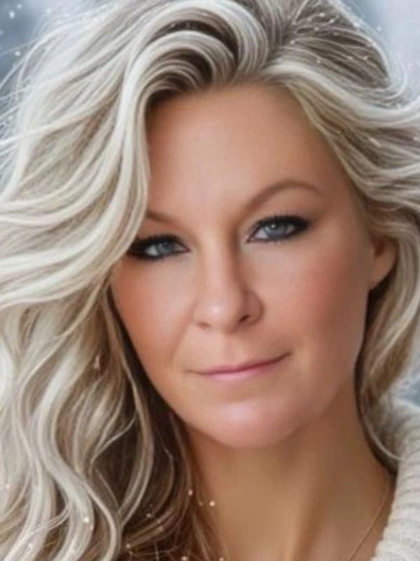 Close-up portrait of a woman with wavy blonde hair and blue eyes.