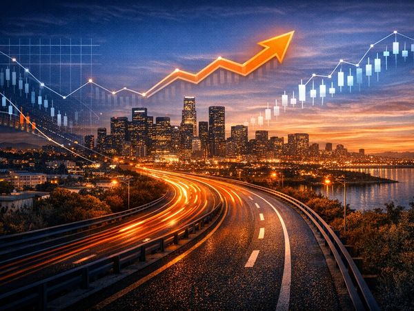 City skyline at dusk with rising stock market graph overlay.