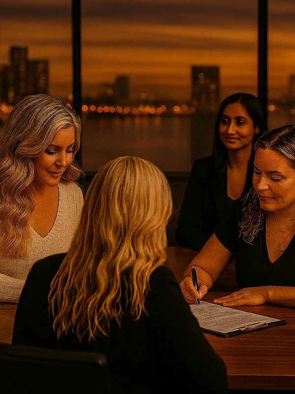Four women engaged in a meeting at sunset with city lights in the background.