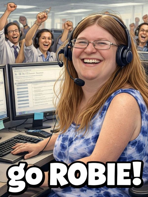 Cheerful call center team supports Robie with enthusiasm and smiles.