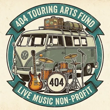 Vintage VW band van with instruments imaged in front of the van for 404 Touring Arts Fund non-profit.
