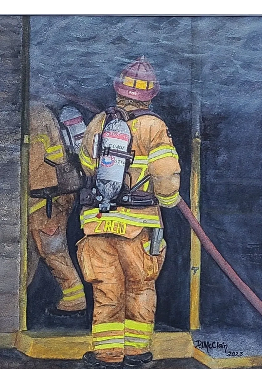 Commissioned art work of two firemen going into a burning building as smoke rolls out.  