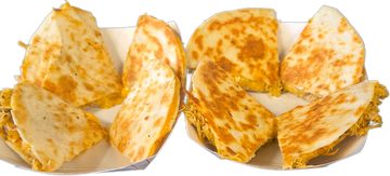 Two plates of quesadillas cut into wedges.