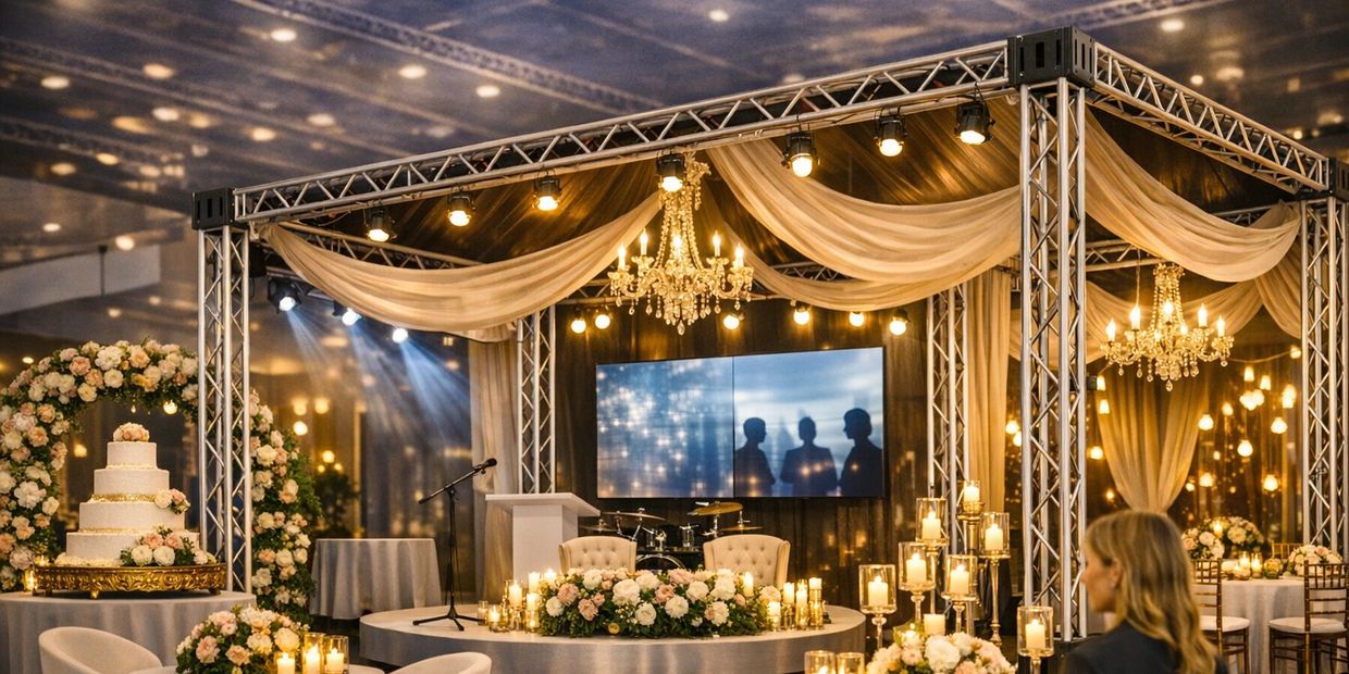 Elegant wedding reception setup with floral decorations and warm lighting.