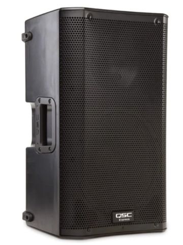 Black QSC K12.2 powered speaker with protective grille and side handle.