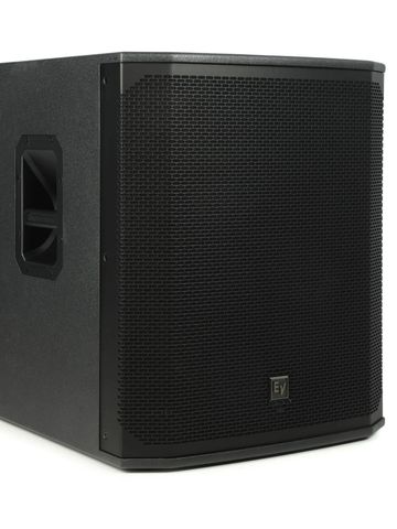 Black professional speaker with a mesh grille and side handle.