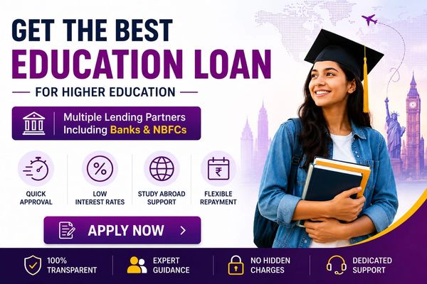 Smiling graduate promoting education loans with flexible repayment and expert guidance.