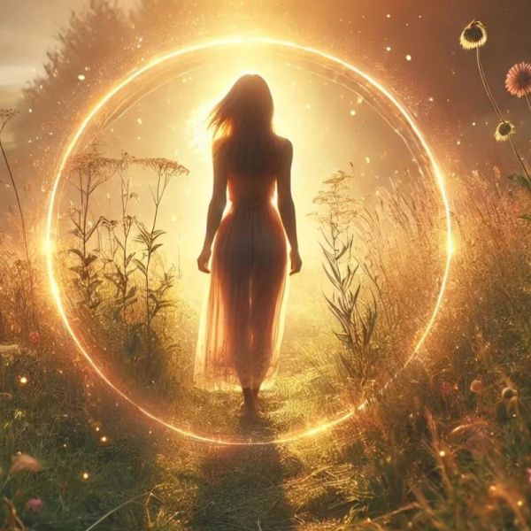 A woman walking through a portal of light