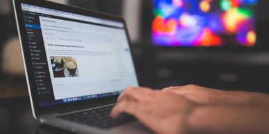 Person typing a blog post on a laptop.
