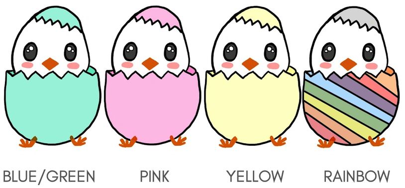 4 cute chicks hatching from an egg in different colors