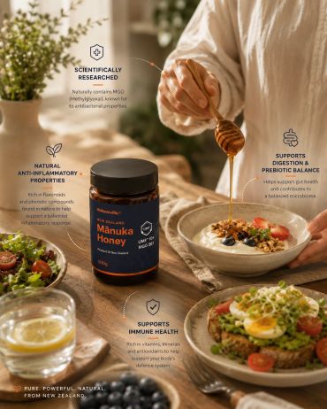 Mānuka honey jar with food, highlighting health benefits and natural properties.