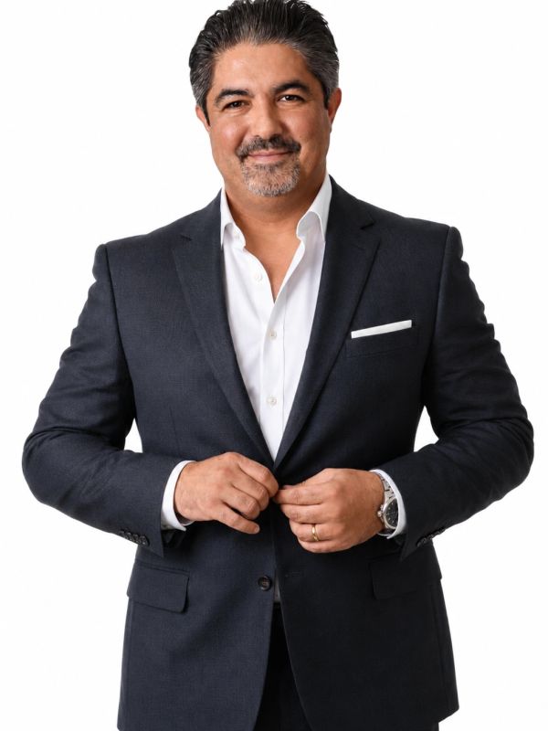 Man in dark suit buttoning his jacket, smiling.