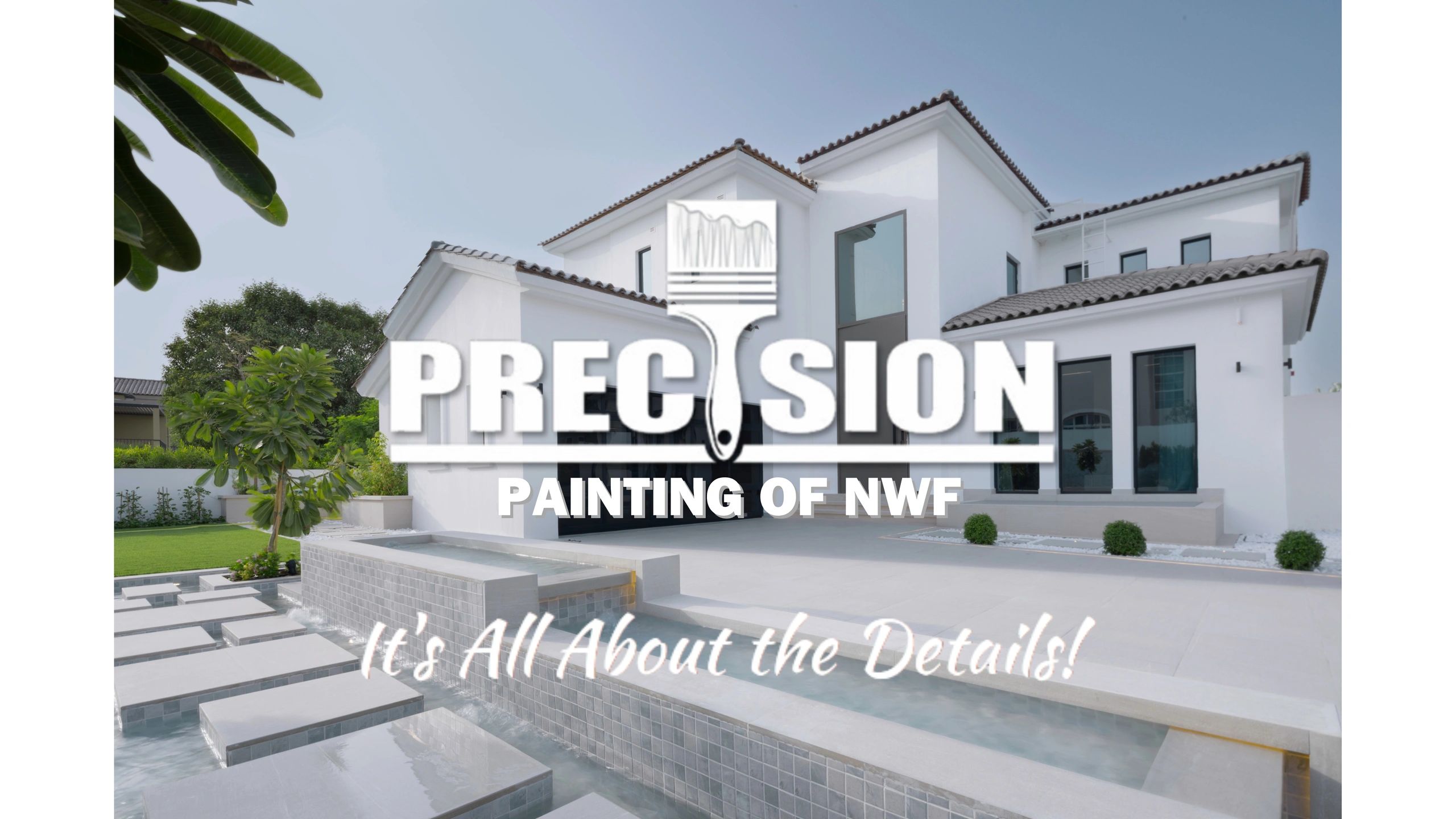 White house with black ceramic roof, black trim windows, and the Precision Painting of NWF logo over