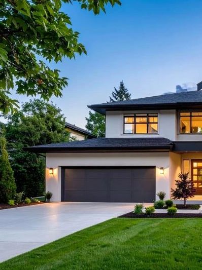 Light colored home with dark trim - lights are on inside house.