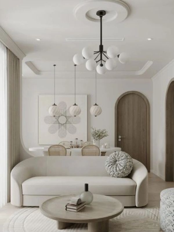 Neutral interior of home with light colored walls and darker taupe trim.
