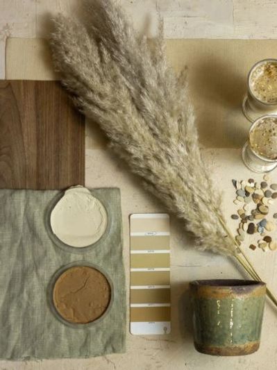 Interior design mood board with neutral colors and some green