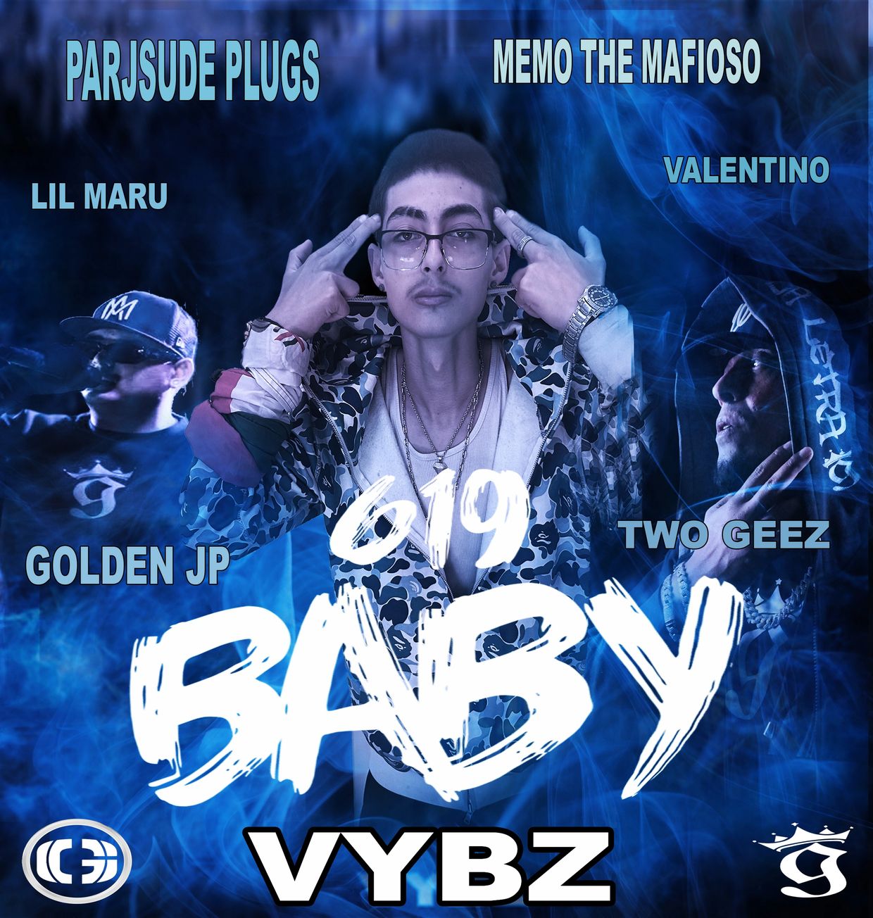 Promotional cover featuring artists Vybz, Memo The Mafioso, Golden JP, Lil Maru, and Two Geez in a smoky blue-themed design.