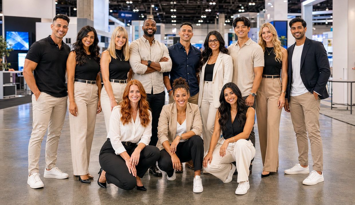 A diverse group of professionals posing confidently in a modern office space.