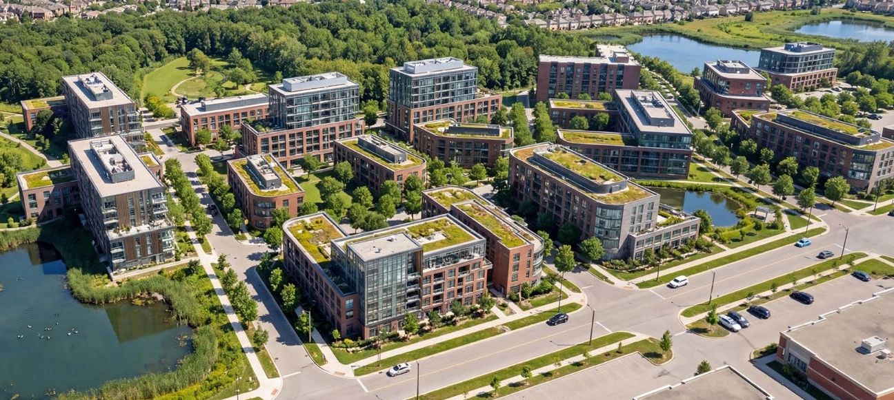 Aerial view of modern apartment complex with green rooftops and surrounding greenery.