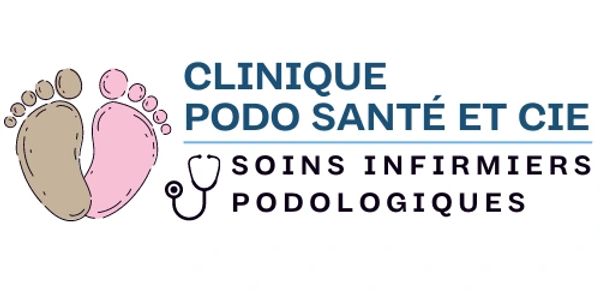 Logo de la clinique podo sante et cie soins infirmiers podologiques avec des pieds et un stéthoscope