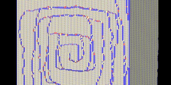 A maze-like pattern made of small blue and red objects on a beige background.