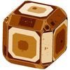 A stylized brown and beige wooden cube with geometric patterns.