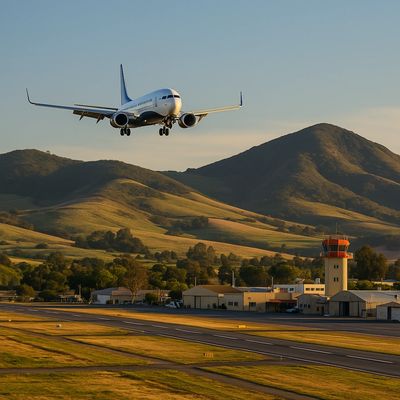 Passenger plane landing at a scenic airport like SBP airport with hills in the background.