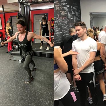 Two men working out and socializing at a gym.