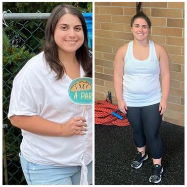 Side-by-side photo showing a woman's weight loss transformation.