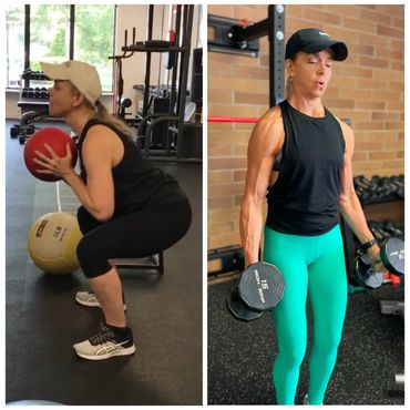 Woman exercising with medicine ball and dumbbells in gym.