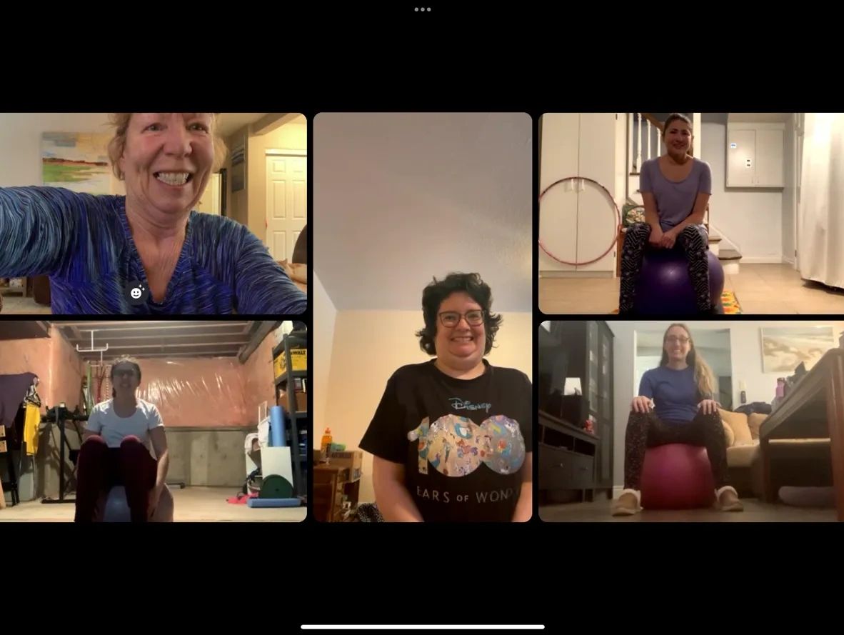 Special Needs exercise classes for cognitive issues. Five women smiling during a virtual exercise session using stability balls.
