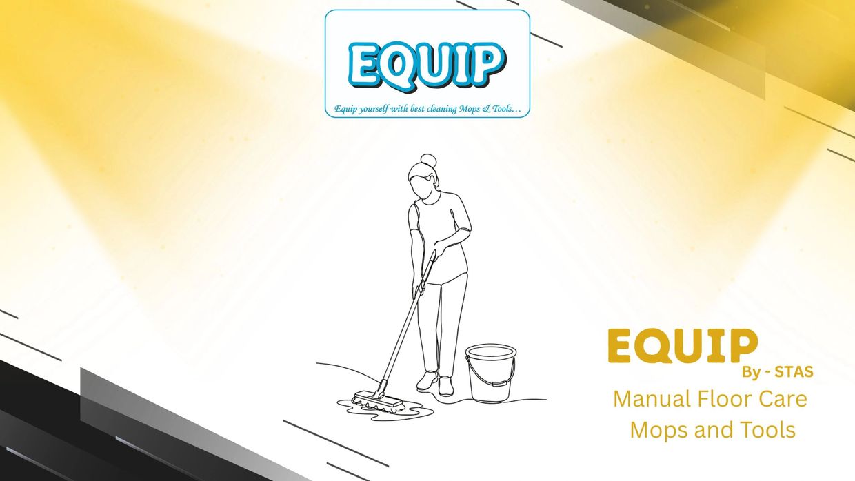 Logo and illustration for EQUIP manual floor care tools and mops.