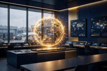 Futuristic control room with a glowing holographic globe.