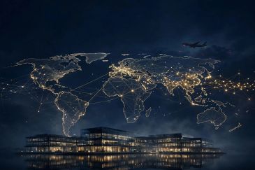 World map with illuminated connections and airplane above cityscape.