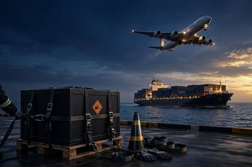Cargo ship with airplane flying overhead at sunset.