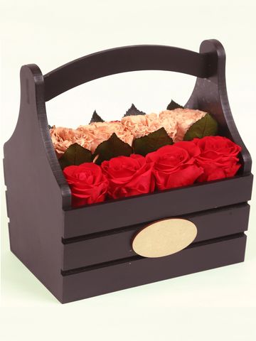 Black Basket Wooden Box / 12 Large Roses / Eternal Fresh Flower