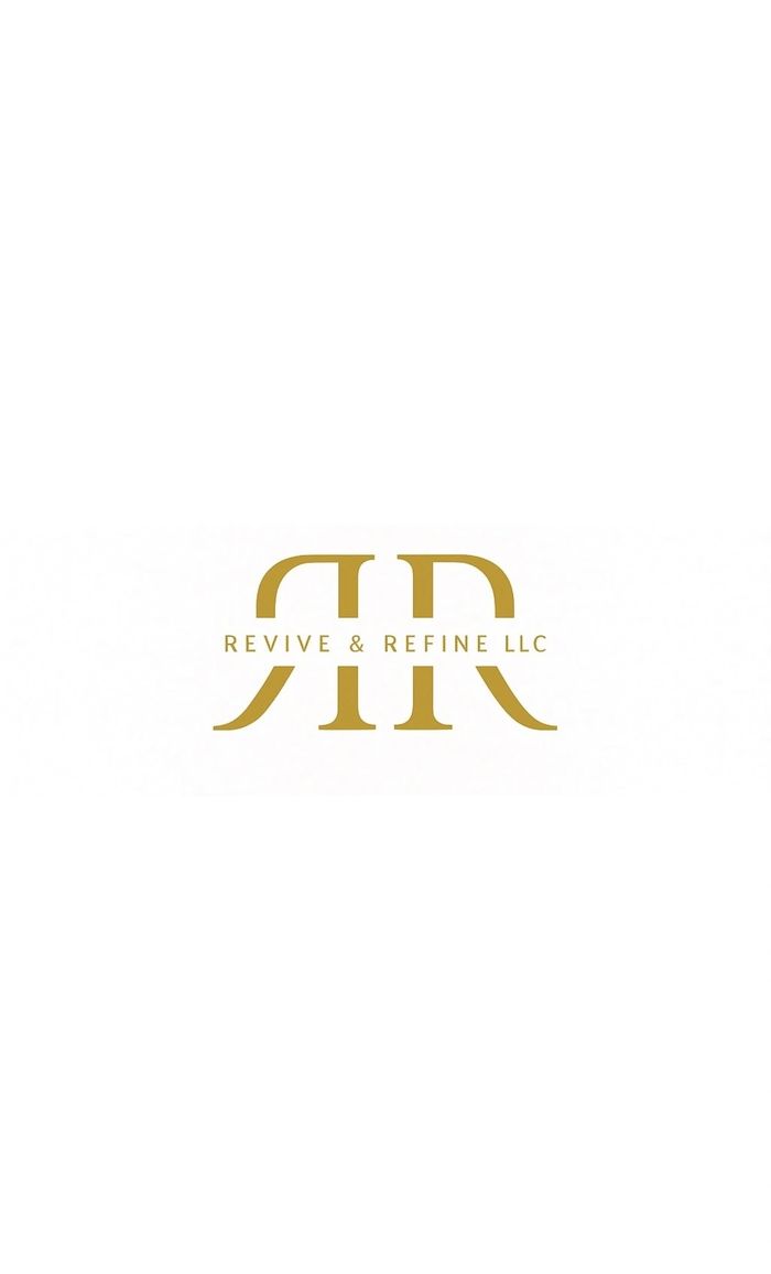 Elegant gold logo with double R and 'Revive & Refine LLC' text on white.